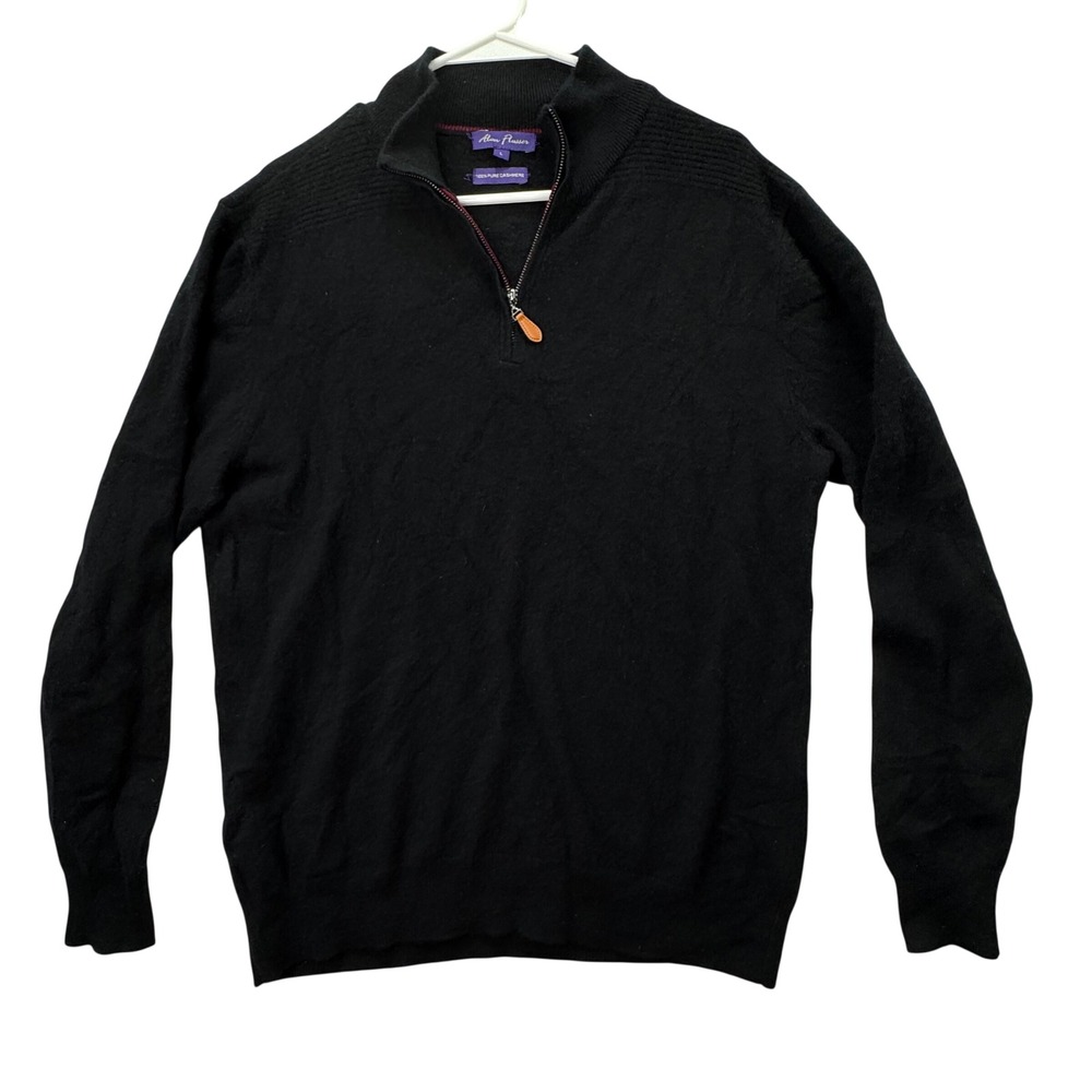 Alan Flusser Quarter Zip Sweater Mens L Black 100% Cashmere Ribbed Luxury